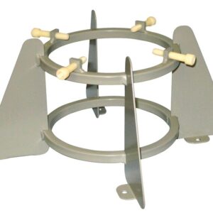 The Justrite Gcyl Stnd,1Cyl,Bch,5-7In is a gray metal rocket stand with two circular rings, adjustable knobs, and triangular fins, ideal for securely holding a 5-7 inch 1-cylinder rocket upright.