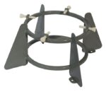 The Justrite Gcyl Stnd, 1Cyl, Bch, 7-8.75In is a gray metal stand with two circular frames and four triangular brackets topped by white adjustment screws, providing a stable base for securely mounting equipment.