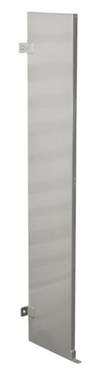 A tall, narrow metallic panel with a sleek surface, like the Justrite Gcyl Firewallbarrier,1Hr,1Cyl. It has small brackets at the top and bottom edges for easy mounting on a plain white background.
