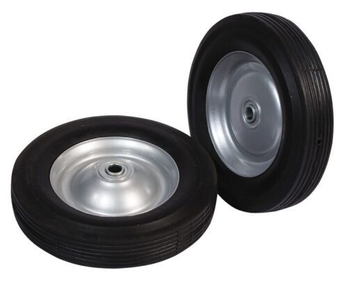 The Justrite Gcyl Reppt 8In wheels feature black rubber with silver metal hubs and a grooved tread pattern, designed for durability and versatility across various terrains. One wheel is shown upright, while the other is flat on its side.