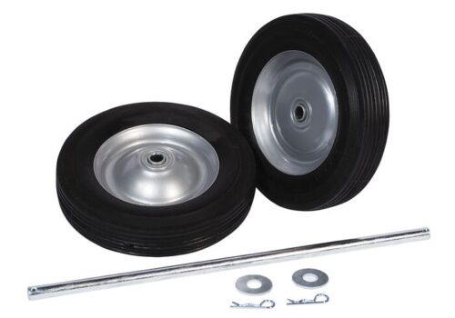 Two black rubber wheels with silver metal centers, akin to parts from the Justrite Gcyl Reppt, Ht, Spwheel/Axl, 8In kit, are beside each other. A silver metal rod and two washers lie in front, completing the setup with two cotter pins.