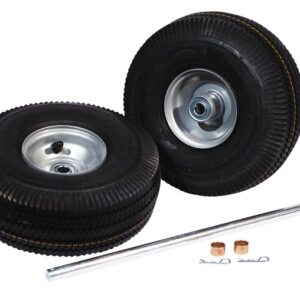 The Justrite Gcyl Reppt,1Cyht,Fpwl/Axl,10In displays two black rubber wheels with 10-inch silver rims; one is standing while the other is lying down. In front of the wheels is a metal axle rod accompanied by two wooden pieces and two metal pins.