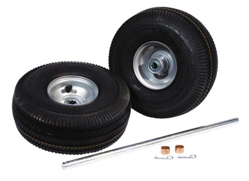 The Justrite Gcyl Reppt,1Cyht,Fpwl/Axl,10In displays two black rubber wheels with 10-inch silver rims; one is standing while the other is lying down. In front of the wheels is a metal axle rod accompanied by two wooden pieces and two metal pins.