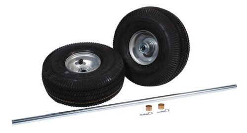 Two black rubber tires with metal rims stand upright. In front, a long metal rod, two small wooden blocks, and two Justrite Gcyl Reppt Fpwl/Axl pins are arranged against a plain white background.