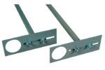 Two metal mounting brackets, similar to the Justrite Gcyl Acc, Ht, Lckgpst, 2Ea, have rectangular plates with circular cutouts. Each plate includes slots for adjustable positioning using bolts and nuts. The brackets are aligned parallel on a white background.