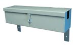 The Justrite Gcyl Acc, Ht, Ltbox, 2Cyl is a gray metal lockbox designed with a hinged lid and central clasp. It includes two sturdy metal supports for easy installation and features a simple yet utilitarian style.