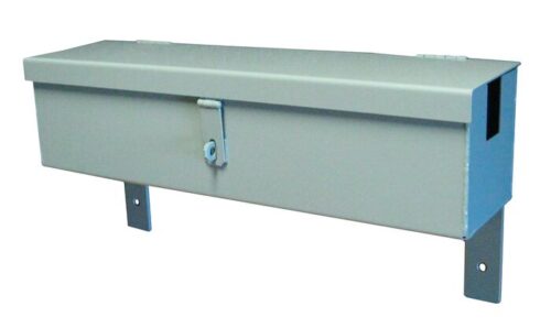 The Justrite Gcyl Acc, Ht, Ltbox, 2Cyl is a gray metal lockbox designed with a hinged lid and central clasp. It includes two sturdy metal supports for easy installation and features a simple yet utilitarian style.