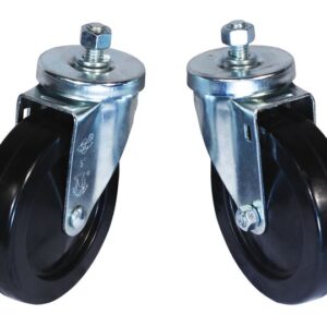 Two black swivel caster wheels, identified as Justrite Gcyl Reppt,Swcast,5Inpst, feature metal housings and bolts and are positioned upright against a white background.