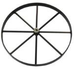 The Justrite Gcyl Reppt,2Cyht,Stwhl,20In is a sleek black metal wheel with eight evenly spaced spokes converging at the center hub, highlighted against a white background. Its circular shape and symmetrical design reflect precision and style.