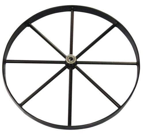 The Justrite Gcyl Reppt,2Cyht,Stwhl,20In is a sleek black metal wheel with eight evenly spaced spokes converging at the center hub, highlighted against a white background. Its circular shape and symmetrical design reflect precision and style.