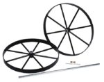 Two large black metal wagon wheels with eight spokes are displayed with a Justrite Gcyl Rept, 2Cyht, Stwhl/Axl, 20In. Small accessories like cotter pins and cylindrical nuts accompany them on a white background.