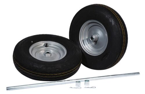 Two black rubber Justrite Gcyl Rept wheels (Fpwhl/Axl, 16In) with silver centers are side by side on a white background. Below, a long metal axle and two brackets with pins appear ready for assembly, ensuring robust performance for your project.