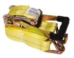 The Justrite Gcyl Acc, Ratchstrap, 15Ft is a yellow strap featuring a gold iridescent metal ratchet and black plastic handle. A label details specifications. Ideal for secure fastening.