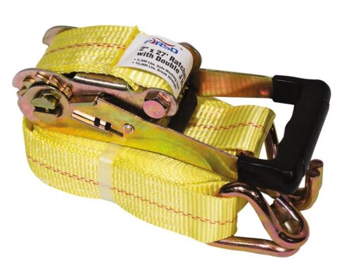 The Justrite Gcyl Acc, Ratchstrap, 15Ft is a yellow strap featuring a gold iridescent metal ratchet and black plastic handle. A label details specifications. Ideal for secure fastening.