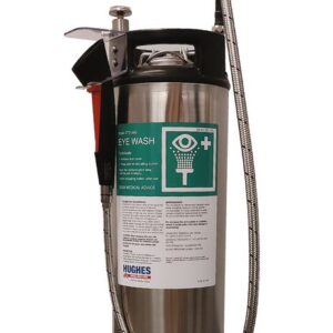 The Justrite H,Efwsh,Sc,Press,Hhefwsh,4Gal is a portable stainless steel eye wash station with a 4-gallon capacity, featuring a flexible metal hose and nozzle. It includes safety instruction labels with an eye symbol in a green box and a top handle for easy carrying.