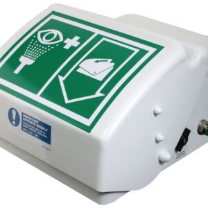 The Justrite H emergency eyewash station has a closed ABS bowl, is wall-mountable, and includes a green/white sign with eye and shower symbols plus arrows. A small label provides essential safety instructions.