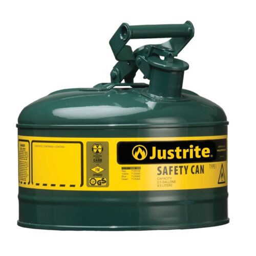 The green Justrite Safety Can, Type 1, includes a yellow label with certification symbols and features a top handle and capped spout. It has a capacity of 2.5 gallons (9.5 liters).