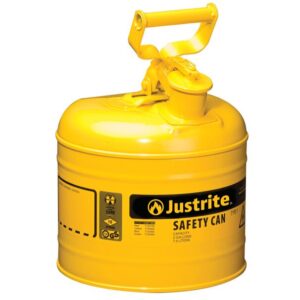 The Justrite Safety Can, Type 1, features a handle and spout design in yellow with a 2-gallon capacity. Safety symbols and details are printed on the side for secure handling and storage needs.