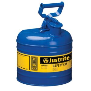 A Justrite Can, Safety, Type 1, 2G, Blu features a yellow label with safety symbols and warnings. It has a sturdy top handle and is expertly designed for safe flammable liquid storage.