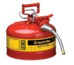 The Justrite Can, Sfty, 5/8Hs T2, 2.5G Red features a yellow label with Sfty and Capacity: 13.5 liters, along with a flexible spout and top handle for securely storing flammable liquids.
