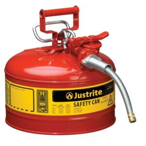 The Justrite Can, Sfty, 5/8Hs T2, 2.5G Red features a yellow label with Sfty and Capacity: 13.5 liters, along with a flexible spout and top handle for securely storing flammable liquids.
