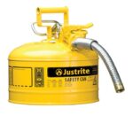 A yellow Justrite safety can for flammable liquids features a metal spout, handle, and Type II AccuFlow warning labels. This reliable T2 Justrite Can ensures secure handling of hazardous materials.