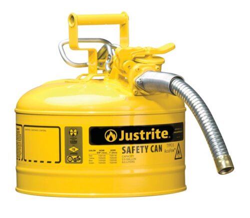 7225230.jpg A yellow Justrite safety can for flammable liquids features a metal spout, handle, and Type II AccuFlow warning labels. This reliable T2 Justrite Can ensures secure handling of hazardous materials.