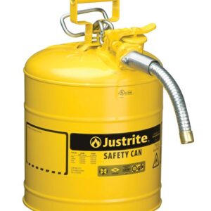 The Justrite Can Sfty, 1 Hose, T2, 5G Yel is a yellow safety can with a flexible spout and handle for securely storing flammable liquids. It includes a capped nozzle for precise pouring through the 1 hose.