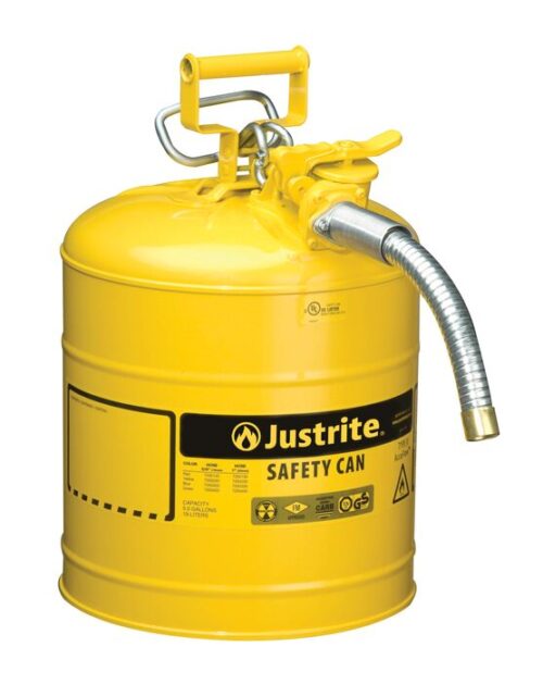 The Justrite Can Sfty, 1 Hose, T2, 5G Yel is a yellow safety can with a flexible spout and handle for securely storing flammable liquids. It includes a capped nozzle for precise pouring through the 1 hose.