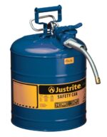 The Justrite Can, Sfty, 5/8 Hs, T2, 5G Blu is a safety can with a yellow Justrite Safety Can label featuring compliance symbols. It includes a spout and handle for expertly storing and pouring flammable liquids safely.