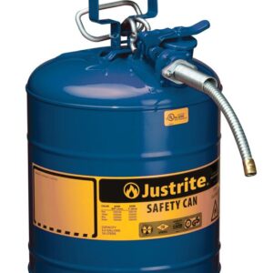 The Justrite Can, Sfty, 5/8 Hs, T2, 5G Blu is a safety can with a yellow Justrite Safety Can label featuring compliance symbols. It includes a spout and handle for expertly storing and pouring flammable liquids safely.