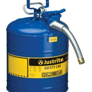 The Justrite Can, Sfty, 1 Hose, T2, 5G Blu, is a blue container with a metal handle and flexible silver spout. It features a yellow label with text and safety symbols for safely storing flammable liquids.