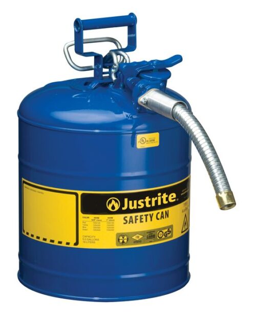 The Justrite Can, Sfty, 1 Hose, T2, 5G Blu, is a blue container with a metal handle and flexible silver spout. It features a yellow label with text and safety symbols for safely storing flammable liquids.
