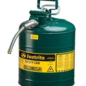 A green Justrite Can, Sfty, 5/8 Hs, T2, 5G Grn features a flexible metal spout and a top handle. Its yellow label displays safety warnings and certification symbols for compliance and assurance.