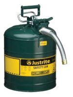 The Justrite Can, Sfty, 1 Hose, T2, 5G Grn comes with a spout and safety handle, a yellow label, and multiple certifications for safely storing and pouring flammable liquids.