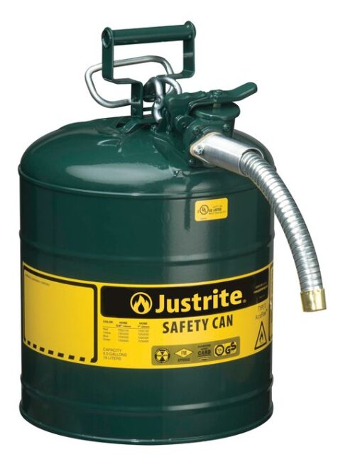 The Justrite Can, Sfty, 1 Hose, T2, 5G Grn comes with a spout and safety handle, a yellow label, and multiple certifications for safely storing and pouring flammable liquids.