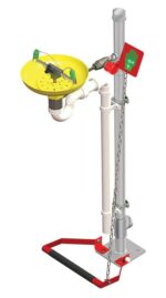 Illustration of the Justrite H,Efwsh wall-mounted emergency eyewash station with a yellow ABS bowl, pull handle, and plumbing. Features a red foot pedal and a green sign for instructions, ensuring safety during hazardous exposure.