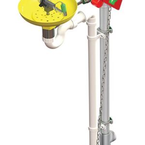 Illustration of the Justrite H,Efwsh wall-mounted emergency eyewash station with a yellow ABS bowl, pull handle, and plumbing. Features a red foot pedal and a green sign for instructions, ensuring safety during hazardous exposure.