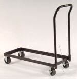 The Justrite Dolly F/Cabnet 30G 12/17Pb, featuring a sturdy black metal flatbed with four wheels and an upright handle, is perfect for transporting heavy items. With two swivel wheels at the handle end and two fixed wheels, it maneuvers cabinets with ease.
