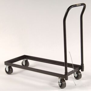 The Justrite Dolly F/Cabnet 30G 12/17Pb, featuring a sturdy black metal flatbed with four wheels and an upright handle, is perfect for transporting heavy items. With two swivel wheels at the handle end and two fixed wheels, it maneuvers cabinets with ease.