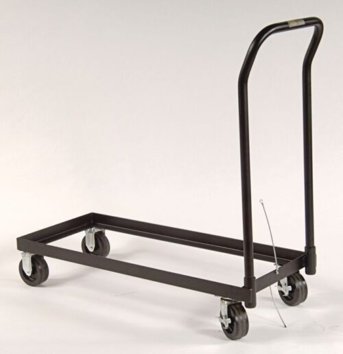 The Justrite Dolly F/Cabnet 30G 12/17Pb, featuring a sturdy black metal flatbed with four wheels and an upright handle, is perfect for transporting heavy items. With two swivel wheels at the handle end and two fixed wheels, it maneuvers cabinets with ease.