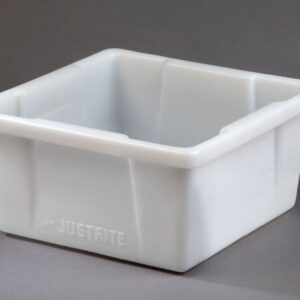 A white, square Justrite Spill Basin designed for HPLC cans with a 5G capacity sits against a gray background, featuring slightly angled sides and JUSTRITE embossed on one side.