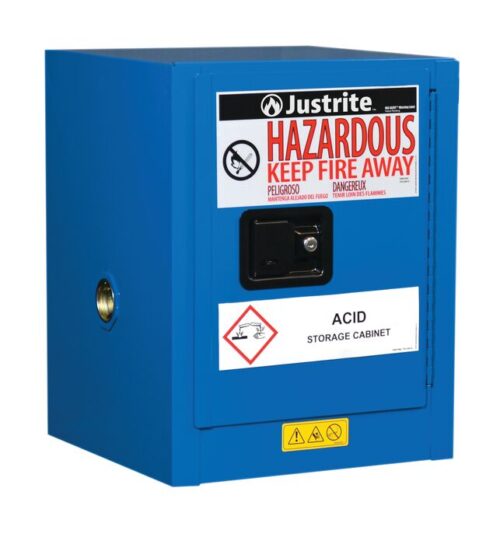 860428.jpg The Justrite Cabinet, Haz Mat Cnttop 4G Sc, is blue with a Hazardous: Keep Fire Away label and marked as an Acid Storage Cabinet. It has a protruding handle and safety icons warning against chemical storage. Perfect for secure storage needs.