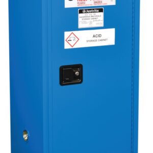 The Justrite Cabinet Haz Mat Compac 15G SC in blue has a lockable door, features corrosive symbols and warnings like Hazardous Keep Fire Away, and prominently displays the brand label for safe storage of hazardous materials.