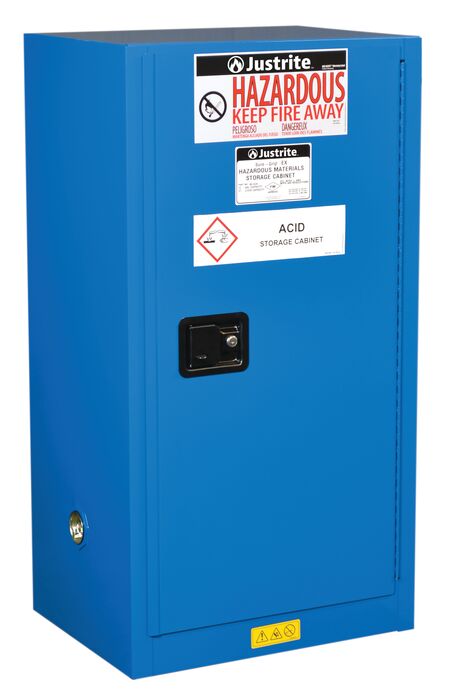 861528.jpg The Justrite Cabinet Haz Mat Compac 15G SC in blue has a lockable door, features corrosive symbols and warnings like Hazardous Keep Fire Away, and prominently displays the brand label for safe storage of hazardous materials.