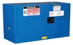 The Justrite Cabinet Haz M Pigy Chmc 17G Sc is a blue acid storage unit labeled Hazardous, featuring safety signs, two lockable doors, and warning labels for safe handling and fire prevention, ideal for any Haz Mat needs.