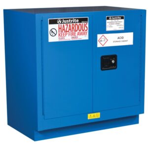 The Justrite Cabinet Haz Mat Und/Cnt 22G Sc is a blue storage unit marked with Hazardous Keep Fire Away and Acid Storage Cabinet for safety. It includes essential safety symbols and a secure black lock on the right door, ideal for safely storing your Haz Mat materials.
