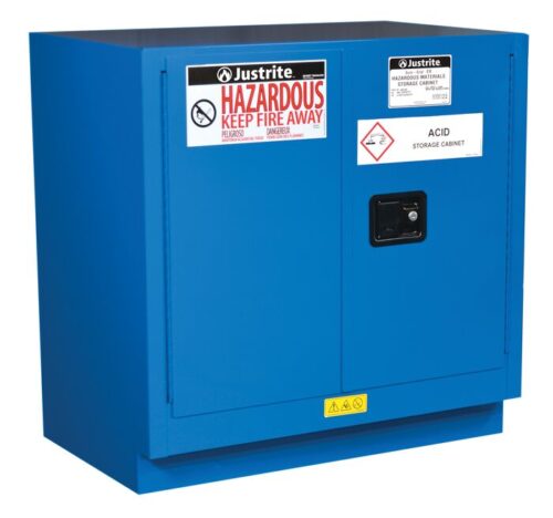 The Justrite Cabinet Haz Mat Und/Cnt 22G Sc is a blue storage unit marked with Hazardous Keep Fire Away and Acid Storage Cabinet for safety. It includes essential safety symbols and a secure black lock on the right door, ideal for safely storing your Haz Mat materials.