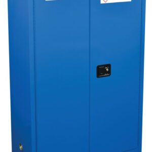 A tall blue metal cabinet labeled HAZARDOUS KEEP FIRE AWAY and ACID STORAGE CABINET, the Justrite Cabinet Haz Mat 45G Sc, features two safety doors with a black handle.
