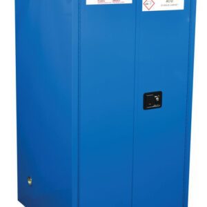 The Justrite Cabinet, Haz Mat 60G Sc is a blue hazardous material storage unit with two doors featuring warning labels like Hazardous: Keep Fire Away and Acid Storage Cabinet. It includes a sturdy black handle and complies with safety standards.